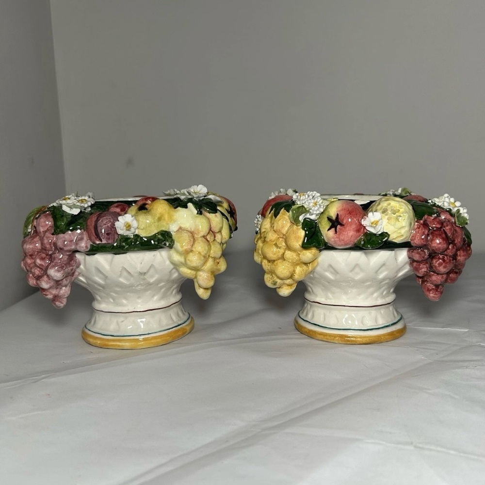 2 Vintage Jar ITALY Clusters of Grapes Fruit Flowers SMALL CANISTER DISH Ceramic
